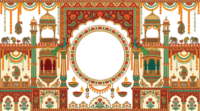 Ornate Indian architectural design with peacocks elephants and floral patterns on white background