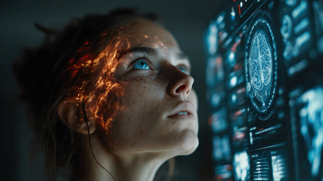 Thought interface concepts AI-driven interactive dashboards, digital overlays, futuristic brain-computer interface graphics, immersive cognitive enhancement simulations