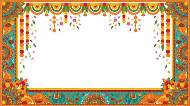 Colorful Indian frame design with floral garlands, elephants, and traditional patterns on white background