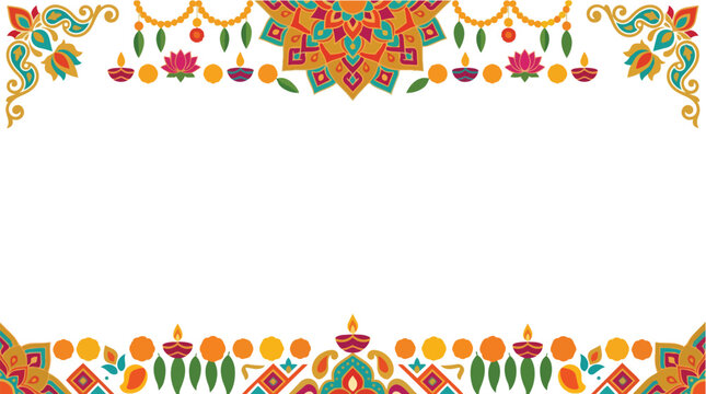 Colorful Indian festival border design with traditional diya lamps and floral elements