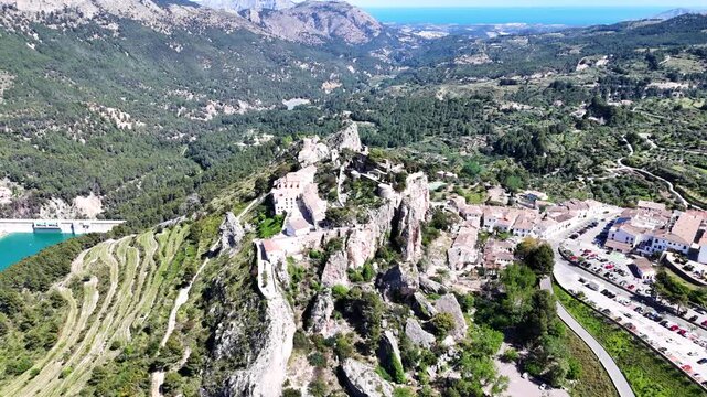 Aerial view of Guadalest village nestled in the mountainous landscape of Spain.