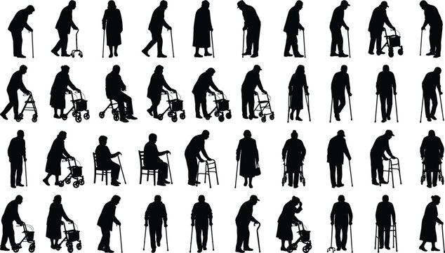 Comprehensive set of elderly senior people silhouettes using walkers rollators and canes for physical mobility assistance