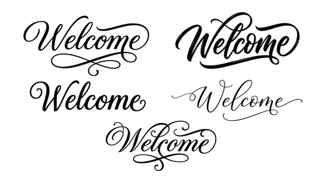 Elegant black script typography sets featuring multiple welcome text styles for professional creative graphic design projects