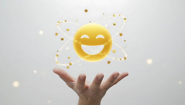 Hand, smiling face emoji with sparkles and stars, symbolizing happiness, joy, and positivity, representing satisfaction and delight for advertising, marketing, and editorial use