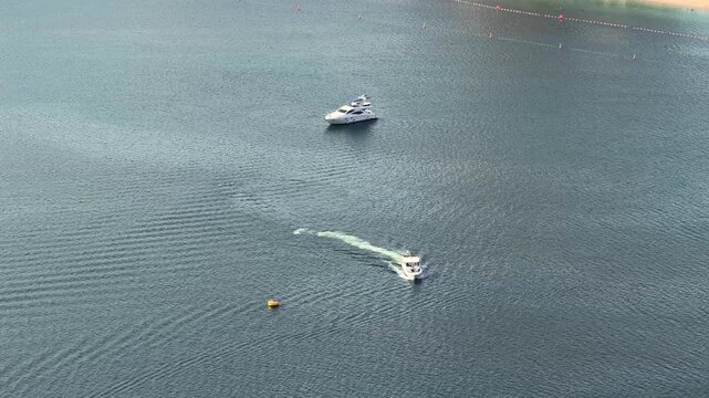 An aerial view of yachts at Palm Jumeirah, seen from Emaar Beachfront in Dubai.
