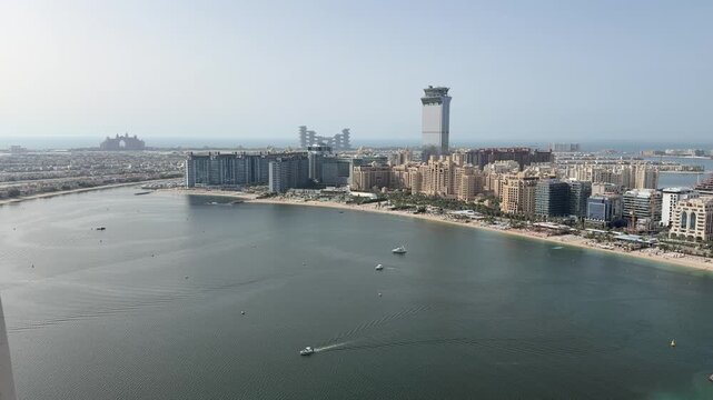 An aerial cityscape of Palm Jumeirah seen from Emaar Beachfront in Dubai.