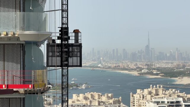 An aerial cityscape of Palm Jumeirah seen from Emaar Beachfront in Dubai.