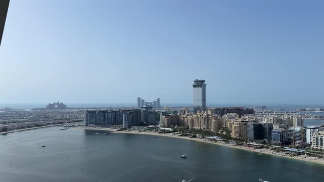 An aerial cityscape of Palm Jumeirah seen from Emaar Beachfront in Dubai.
