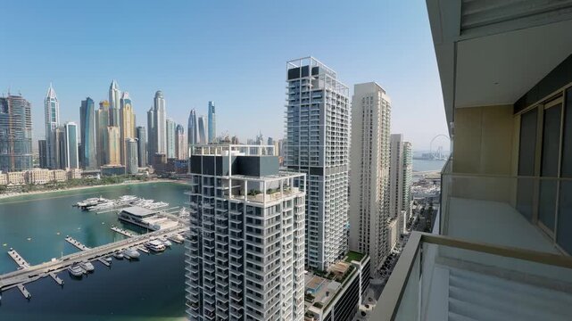 Skyline perspective of Palm Jumeirah captured from Emaar Beachfront in DUbai