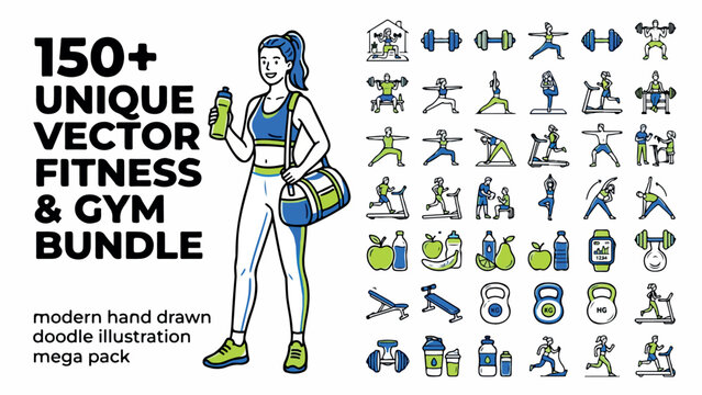 Fitness and gym vector bundle, 150 unique hand drawn doodle icons, modern workout and healthy lifestyle mega pack, blue and green sports illustrations