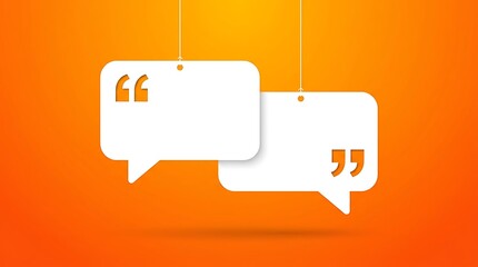 Obraz premium Two white speech bubbles hanging on strings against an orange background blank quote boxes for text, communication concept, social media chat bubbles, empty dialogue frames, minimal graphic design