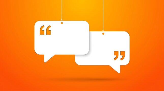Two white speech bubbles hanging on strings against an orange background blank quote boxes for text, communication concept, social media chat bubbles, empty dialogue frames, minimal graphic design