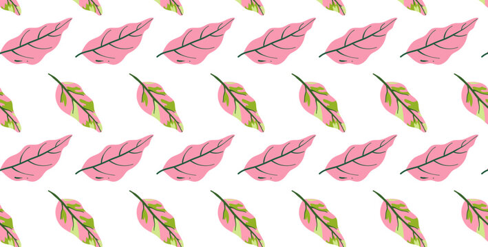 Seamless Tropical Leaf Pattern with Pink and Green Leaves, Minimal Botanical Repeating Background