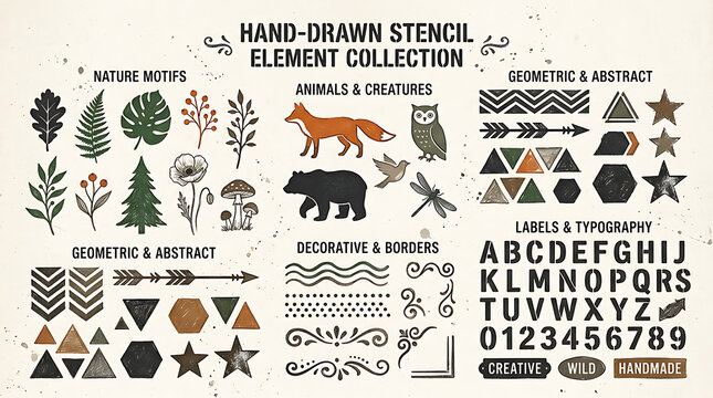 Hand drawn stencil element collection with nature motifs on transparent background