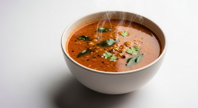 A steaming hot bowl of spicy Indian dal tadka with aromatic herbs.