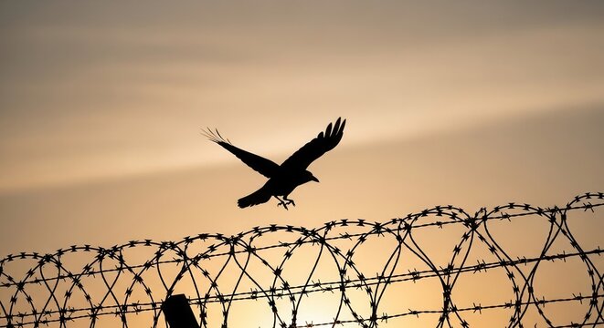 A silhouette of a crow flying over a barbed wire fence at sunset.