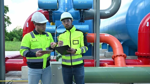 Expert engineers and chief foremen are collaborating on plans for the expansion of the large-scale oil production plant.
