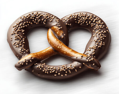 A hard pretzel partially dipped in dark chocolate coating and topped with small golden sprinkles