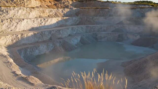 Wide gravel pits panorama with still quarry water basin, terraced pale stone walls, distant aggregate piles, dusty air, open extraction site, muted industrial landscape with calm reflections