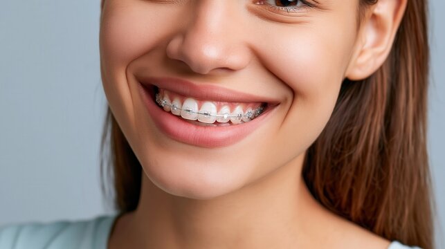 Close up of a happy young woman showing her teeth with clear dental braces.