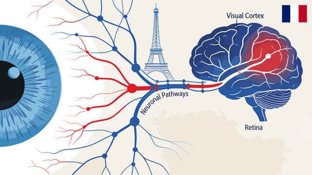 Illustration depicting the visual pathway from the eye to the brain, with the Eiffel Tower symbolizing France.