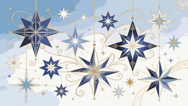 A celestial display of ornate, hanging star ornaments in shades of deep blue and shimmering gold against a soft, cloudy sky.