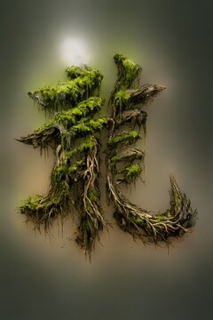 Kanji character for Dragon shaped from ancient tree roots and green moss, mystical nature art with ethereal light