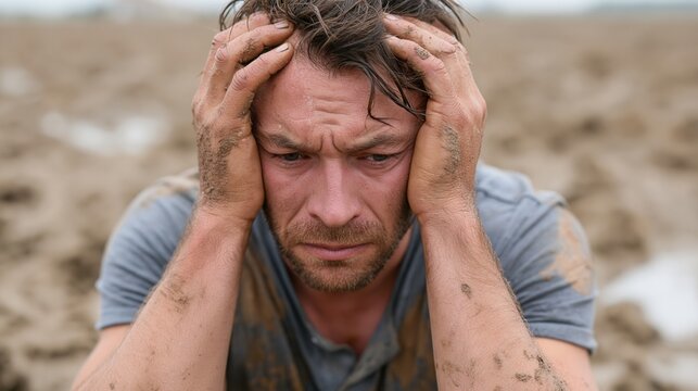 A frustrated farmer sits with his hands on his head in a muddy field.
