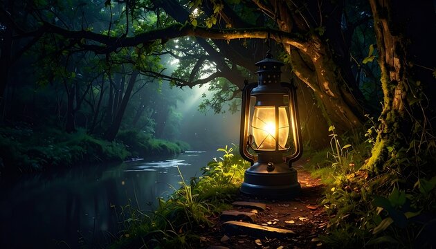Glowing lantern in dark forest scene.