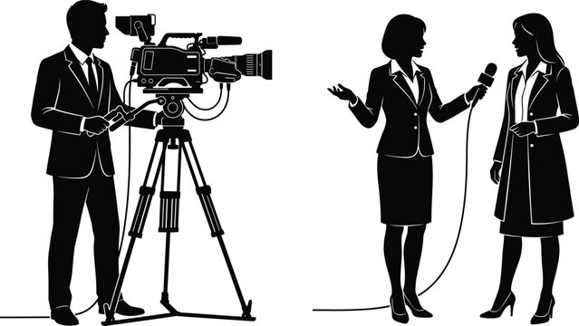 Silhouette vector illustration of a television news crew with cameraman operating camera and journalist interviewing a professional woman