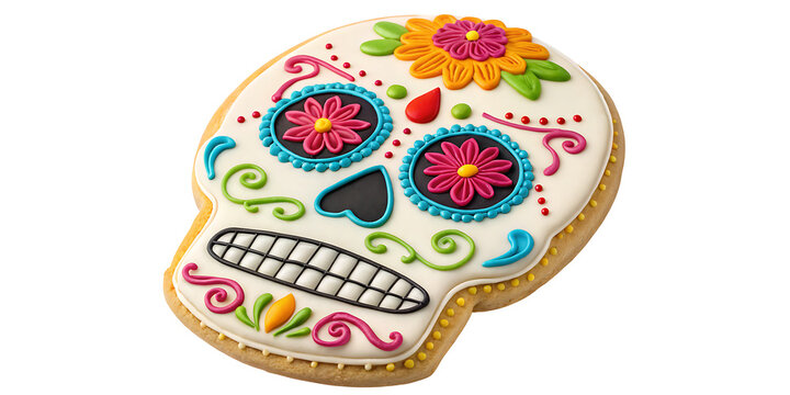 Colorful sugar skull cookie for Dia de los Muertos isolated on transparent background design