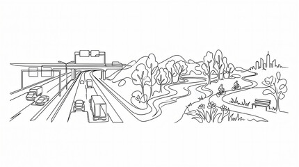 Fototapeta premium Panoramic black and white line art illustrates the contrast between a busy highway with cars and an overpass, and a peaceful city park with cyclists and trees, set against an urban backdrop.