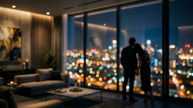 A romantic couple standing by a floortoceiling window in a luxury highrise apartment, overlooking a glowing bokeh city skyline at night