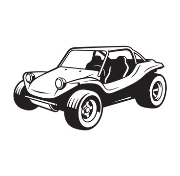 Monochrome drawing of a dune buggy with off road vehicle sand rail all terrain black and white mode of transport four wheel drive