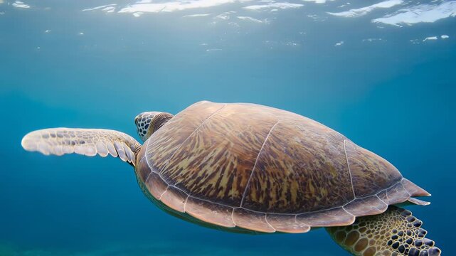 A majestic sea turtle gracefully swims through the clear blue ocean, sunlight illuminating its shell, showcasing the serene beauty of marine life in its natural underwater world