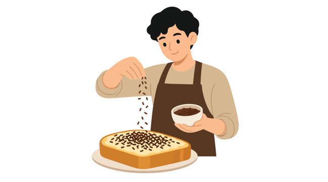 Young man in apron sprinkling chocolate on toast bread illustration