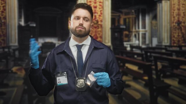 Man police with badge and id holds sealed evidence bag and gestures with gloved hand inside ornate church building; investigation duty seriousness.