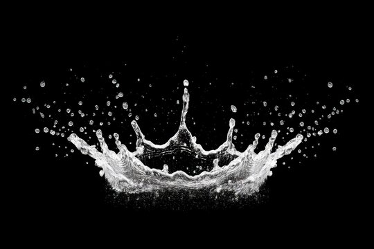 Dynamic splash of water creating crown-like formations on a black background.