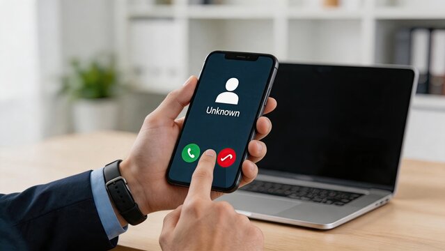 Hand rejecting incoming call from unknown number on smartphone screen, showing red decline button, illustrating spam prevention, privacy protection, and communication management