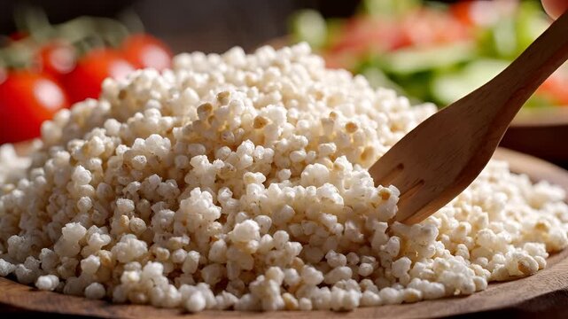 Closeup of a wooden plate filled with puffed quinoa and a fork picking up some grains.