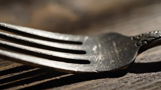 Closeup of an antique silver fork resting on weathered wood.
