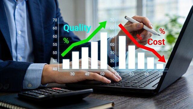 Businessman analyzing quality increase and cost decrease graphs on laptop screen, financial management concept, corporate strategy planning for profit growth and efficiency