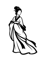 Fototapeta premium Elegant black and white line art of a woman wearing a traditional Chinese Hanfu dress. This minimalist vector illustration is ideal for cultural, historical, and fashion-related designs.