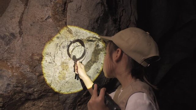Close up of a little Asian girl explorer using a flashlight and a magnifying glass to examine a rock wall inside a dark cave.