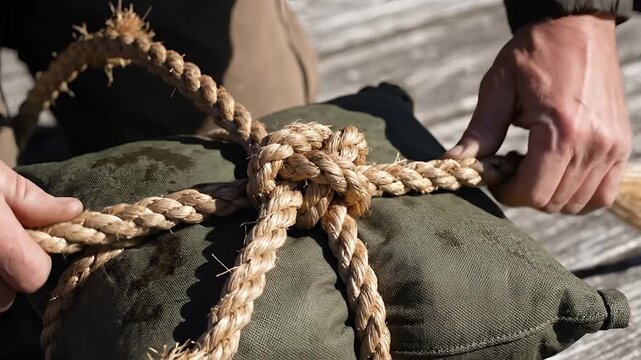 Closeup of hands tying a sturdy knot with thick rope.