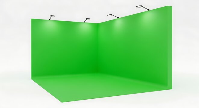 Blank green trade show booth corner with spotlights for marketing exhibition display and branding promotion mockup