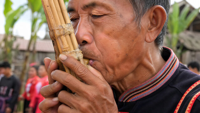 Close-up of an Elderly Musician Playing Traditional Lao Khaen Instrument