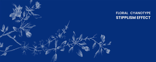 Floral cyanotype stipplism background with white stippled botanical branches, flowers and leaves on deep blue background © MDMahmudul