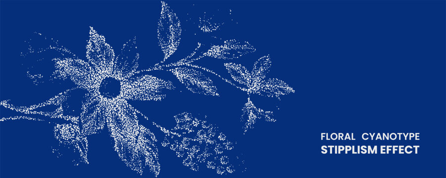 Floral cyanotype stipplism effect background white stippled botanical illustration of flowers and leaves on dark blue backdrop artistic banner