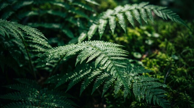 A high-detail close-up of vibrant green fern leaves covered in morning dew drops, captured in a moody, atmospheric forest setting with soft natural light.